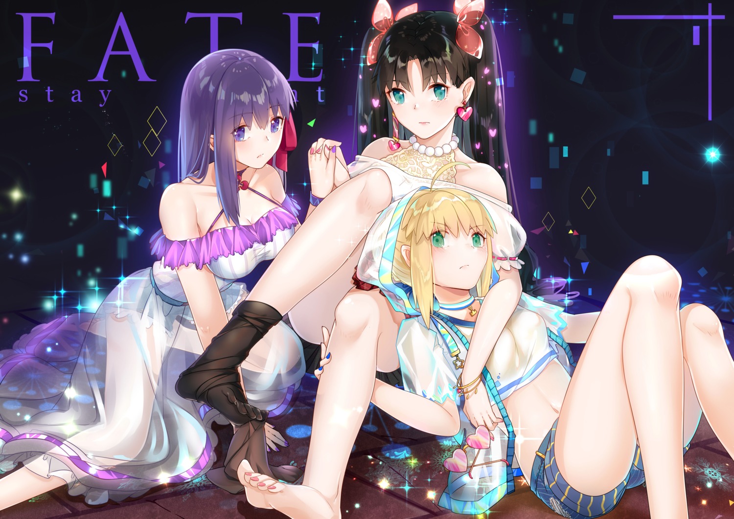 cleavage dress fate/stay_night kotatsu_kaya matou_sakura saber see_through toosaka_rin