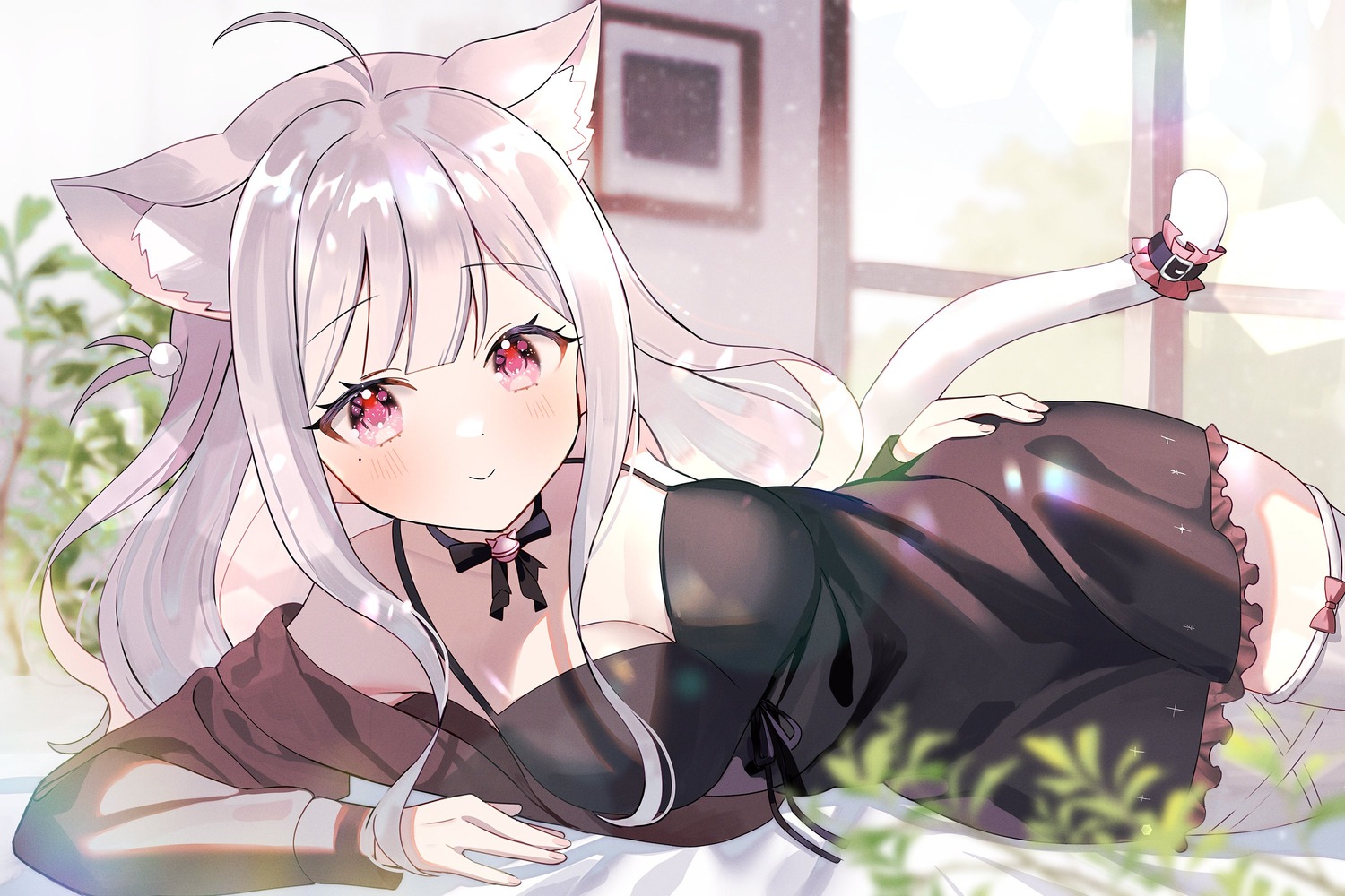 animal_ears cleavage dress garter indie_virtual_youtuber mohemohemincho nekomimi tail thighhighs uise_iu