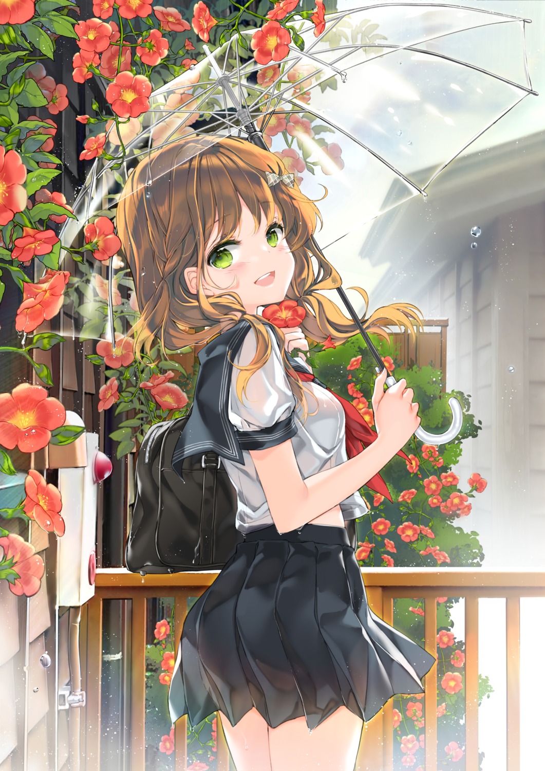 bra see_through seifuku skirt_lift umbrella wet_clothes