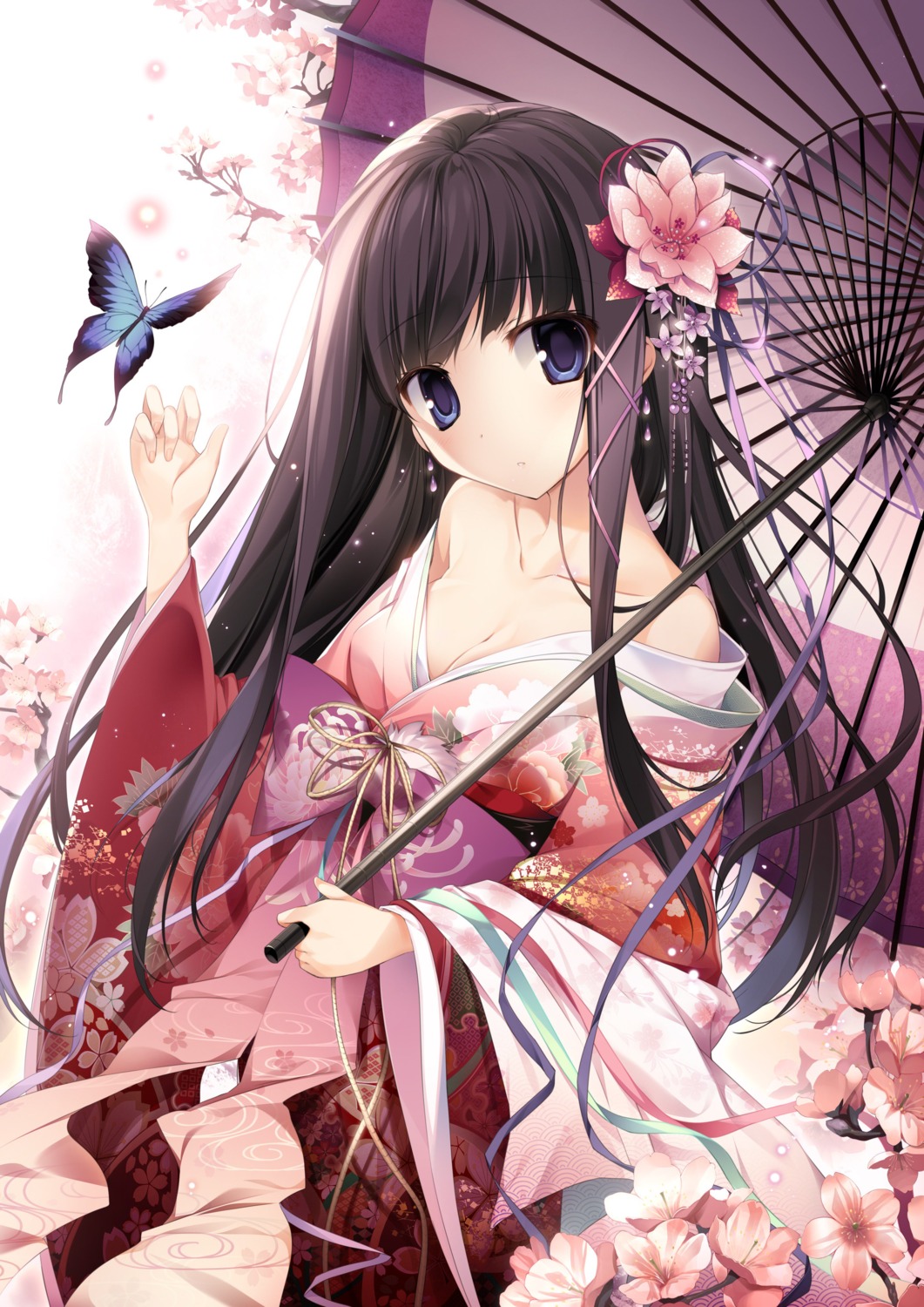 cleavage karory kimono open_shirt tsukiishi_koyuki umbrella