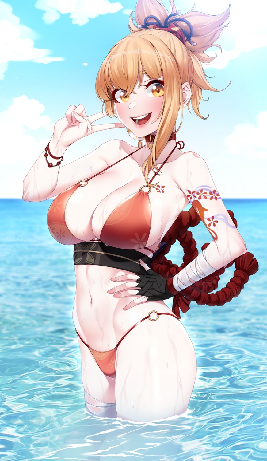 akchu bandages bikini genshin_impact swimsuits tattoo wet yoimiya