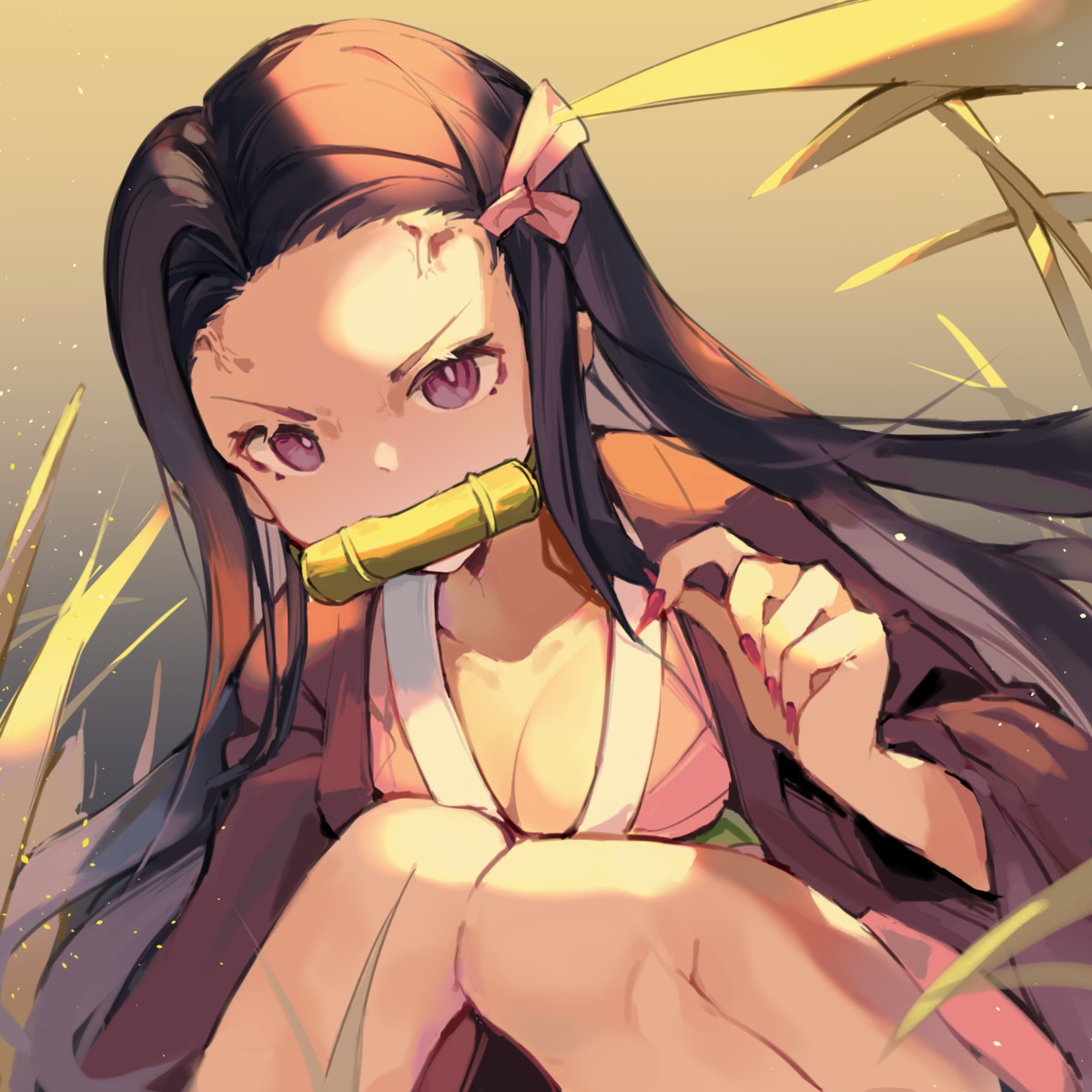 cleavage japanese_clothes kamado_nezuko kimetsu_no_yaiba kitere no_bra open_shirt