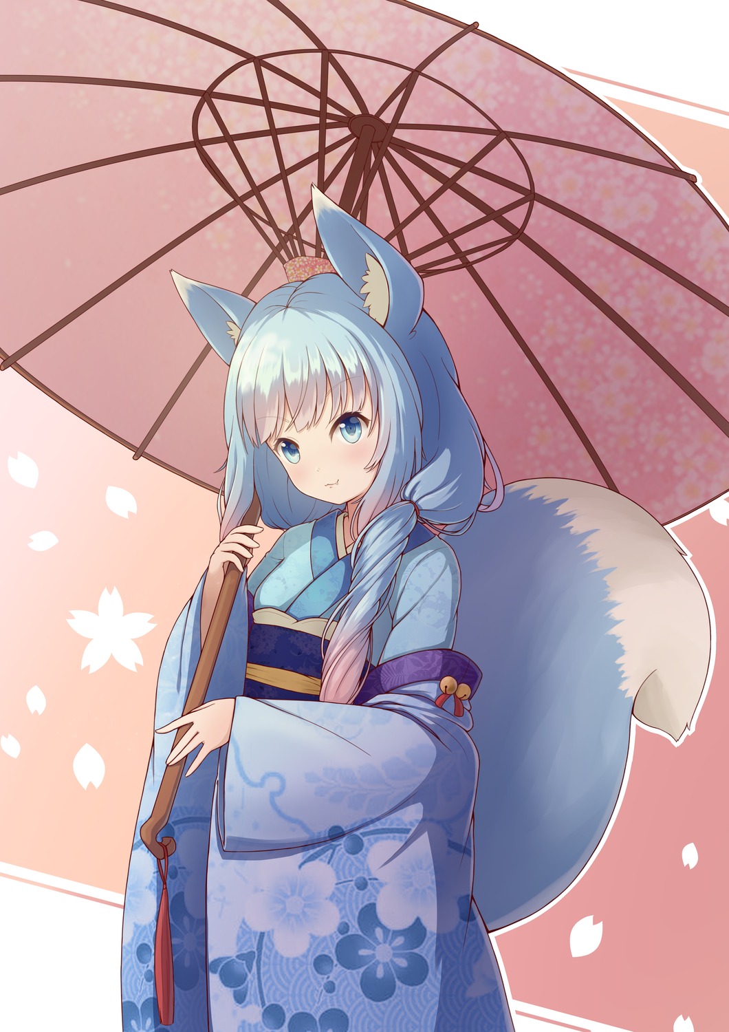 animal_ears cumianjun kimono kitsune tail umbrella