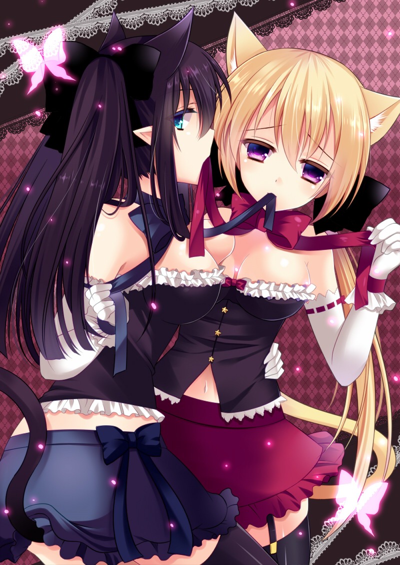 agekichi animal_ears cleavage nekomimi stockings tail thighhighs yuri