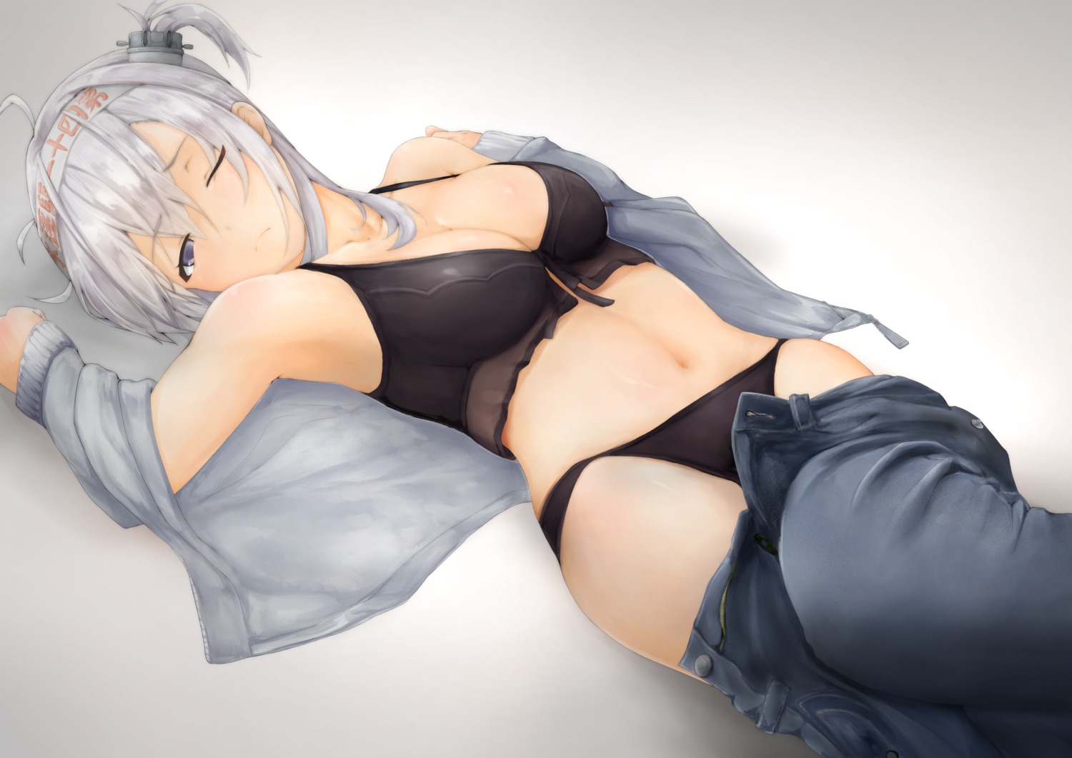 bra cleavage kantai_collection open_shirt pantsu suzutsuki_(kancolle) sweater terebi-