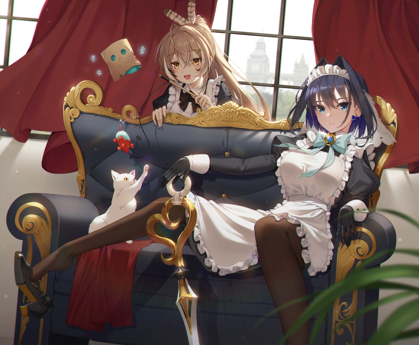 feet heels hololive hololive_english maid nanashi_mumei neko ouro_kronii skirt_lift sseli weapon