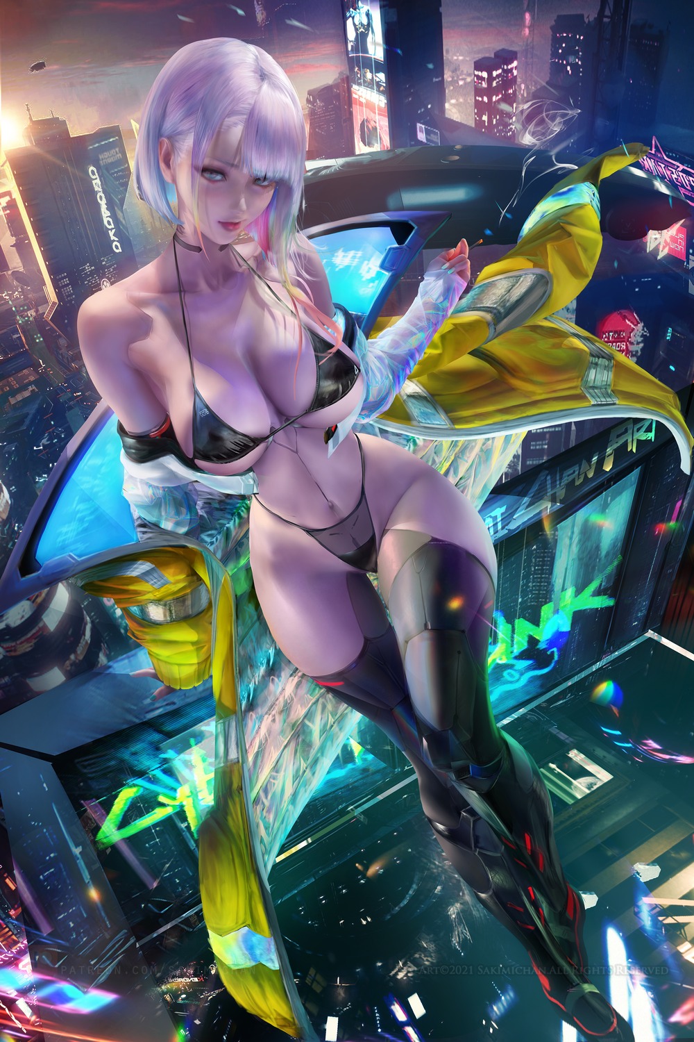 bikini cyberpunk:_edgerunners cyberpunk_2077 erect_nipples lucy_(cyberpunk) mecha_musume sakimichan see_through swimsuits thighhighs