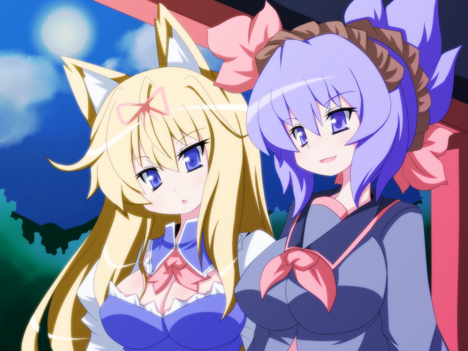 animal_ears cleavage kakeru touhou wallpaper yakumo_yukari yasaka_kanako