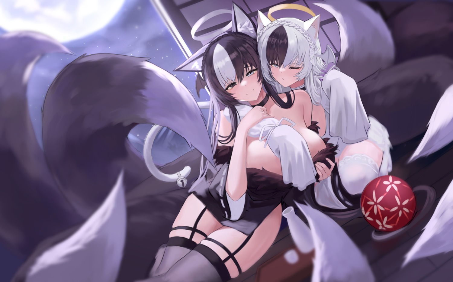 animal_ears chiyu1182 garter halo kitsune nekomimi no_bra stockings tail thighhighs wings yuri