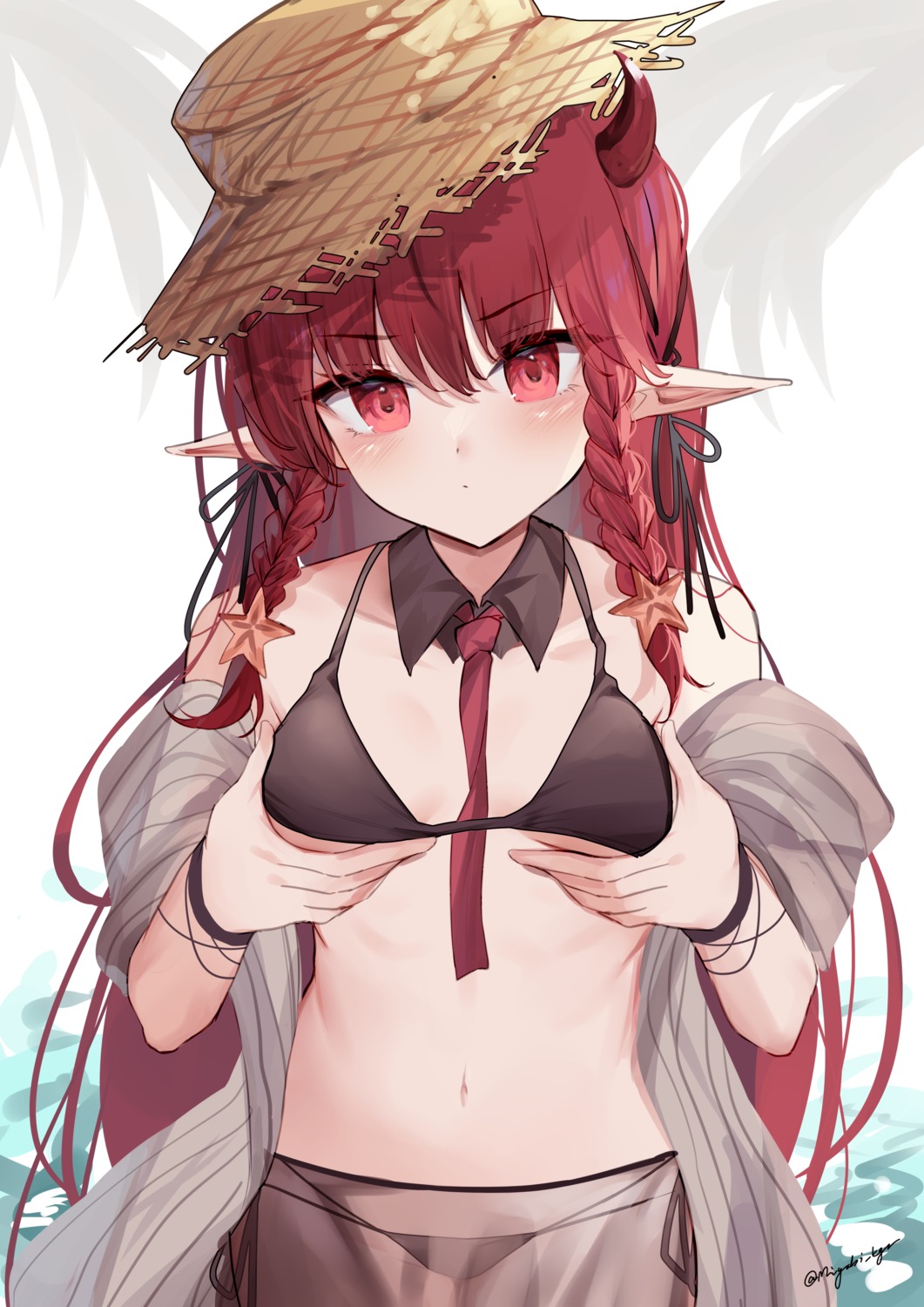 arknights bikini breast_hold horns kagurazaka_miyabi pointy_ears see_through swimsuits vigna_(arknights)