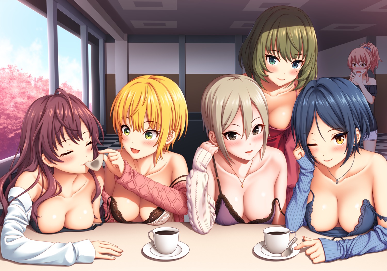 areola hayami_kanade heterochromia ichinose_shiki jougasaki_mika lingerie miyamoto_frederica nazuna_(artist) no_bra open_shirt sweater takagaki_kaede the_idolm@ster the_idolm@ster_cinderella_girls