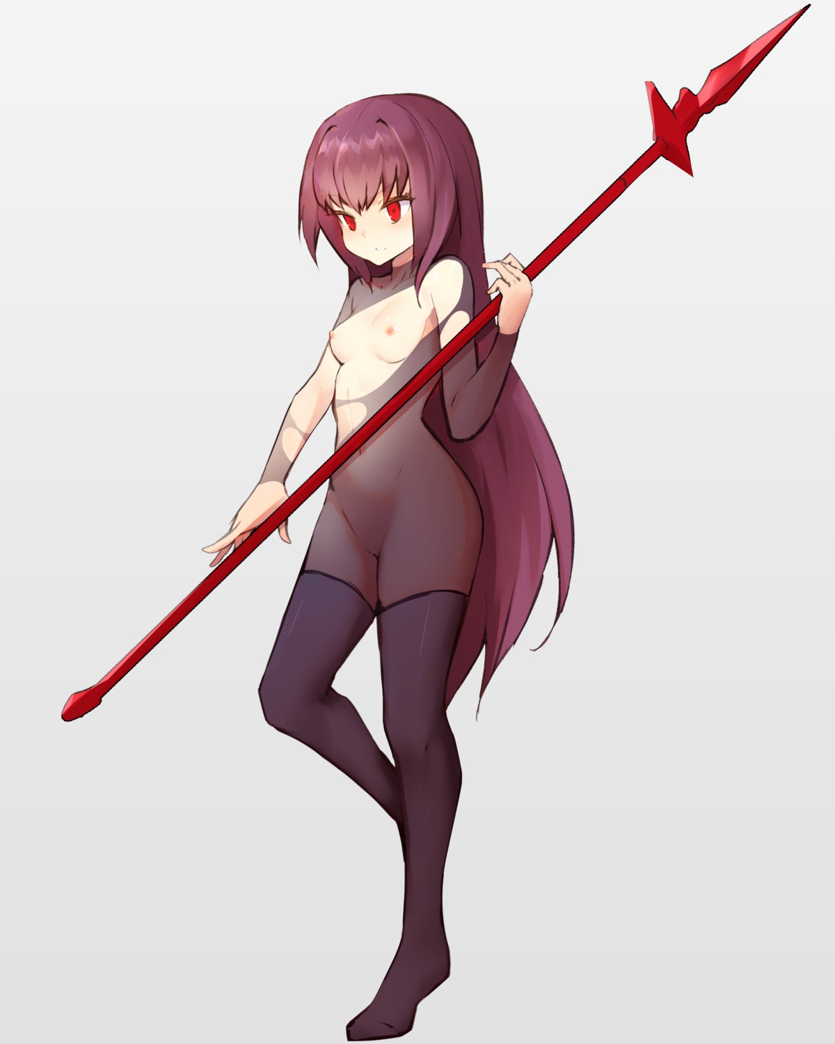 bodysuit breasts fate/grand_order nipples no_bra nopan scathach_(fate/grand_order) see_through thighhighs torn_clothes waero weapon