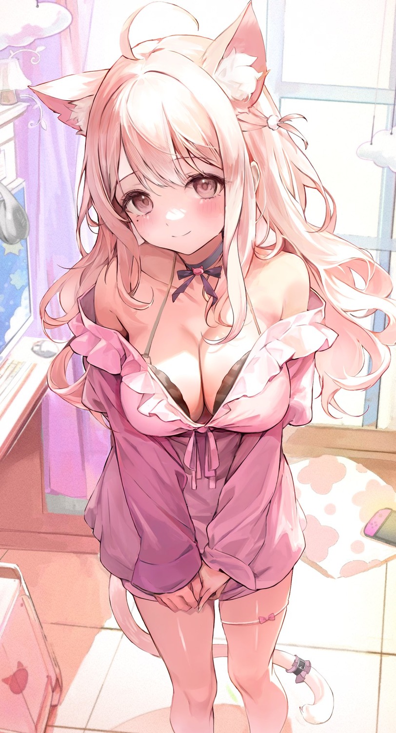 animal_ears bra garter indie_virtual_youtuber nekomimi open_shirt pajama tagme tail uise_iu