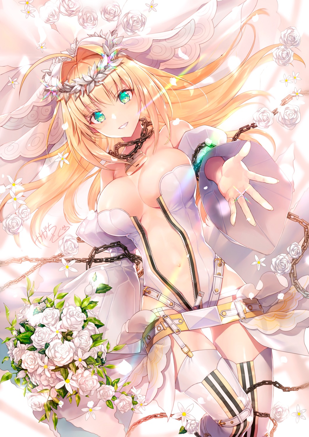 fate/grand_order garter kagachi_saku leotard no_bra saber_bride saber_extra stockings thighhighs