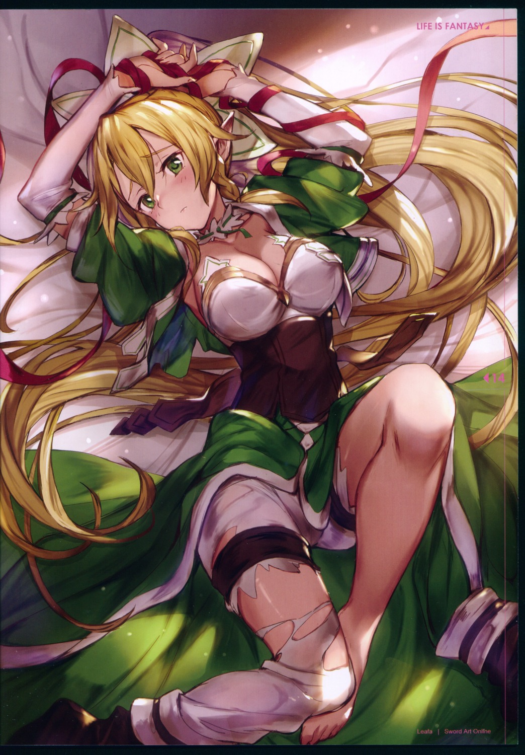 77gl alfheim_online cleavage color_issue feet garter leafa nanaho_denko pointy_ears scanning_dust sword_art_online thighhighs torn_clothes