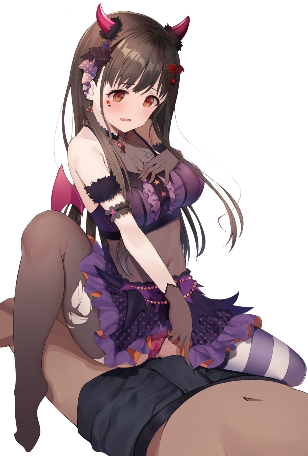 amrita_(amber78gou) breast_hold cameltoe horns pantsu see_through skirt_lift thighhighs torn_clothes