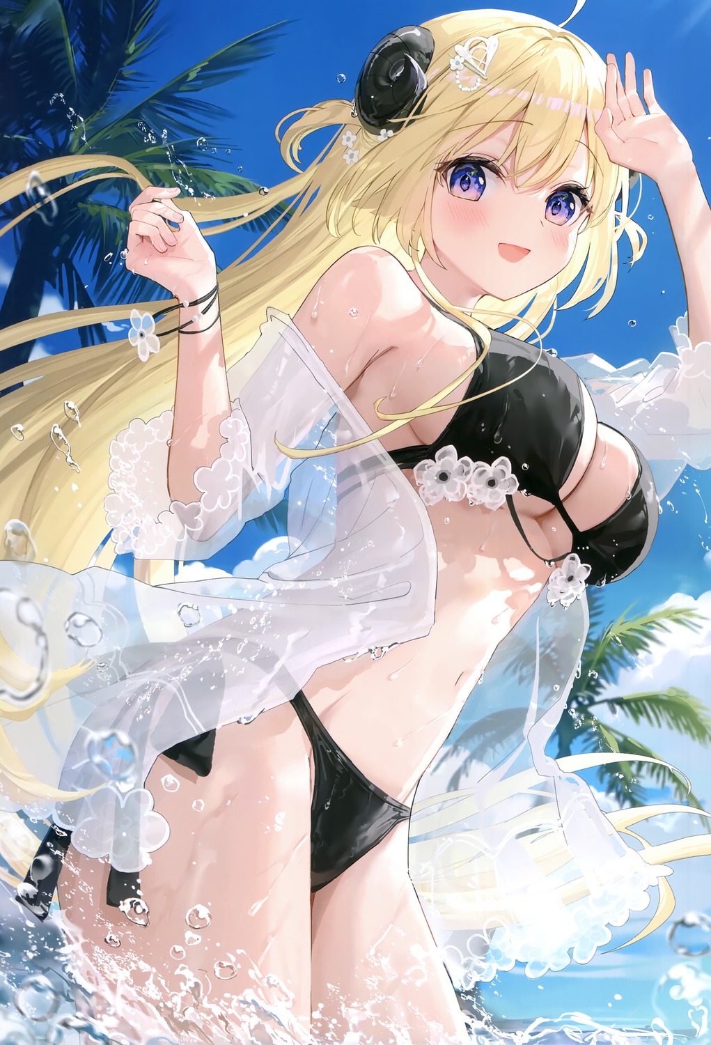 bikini fuumi hololive horns open_shirt radial_engine see_through swimsuits tsunomaki_watame wet