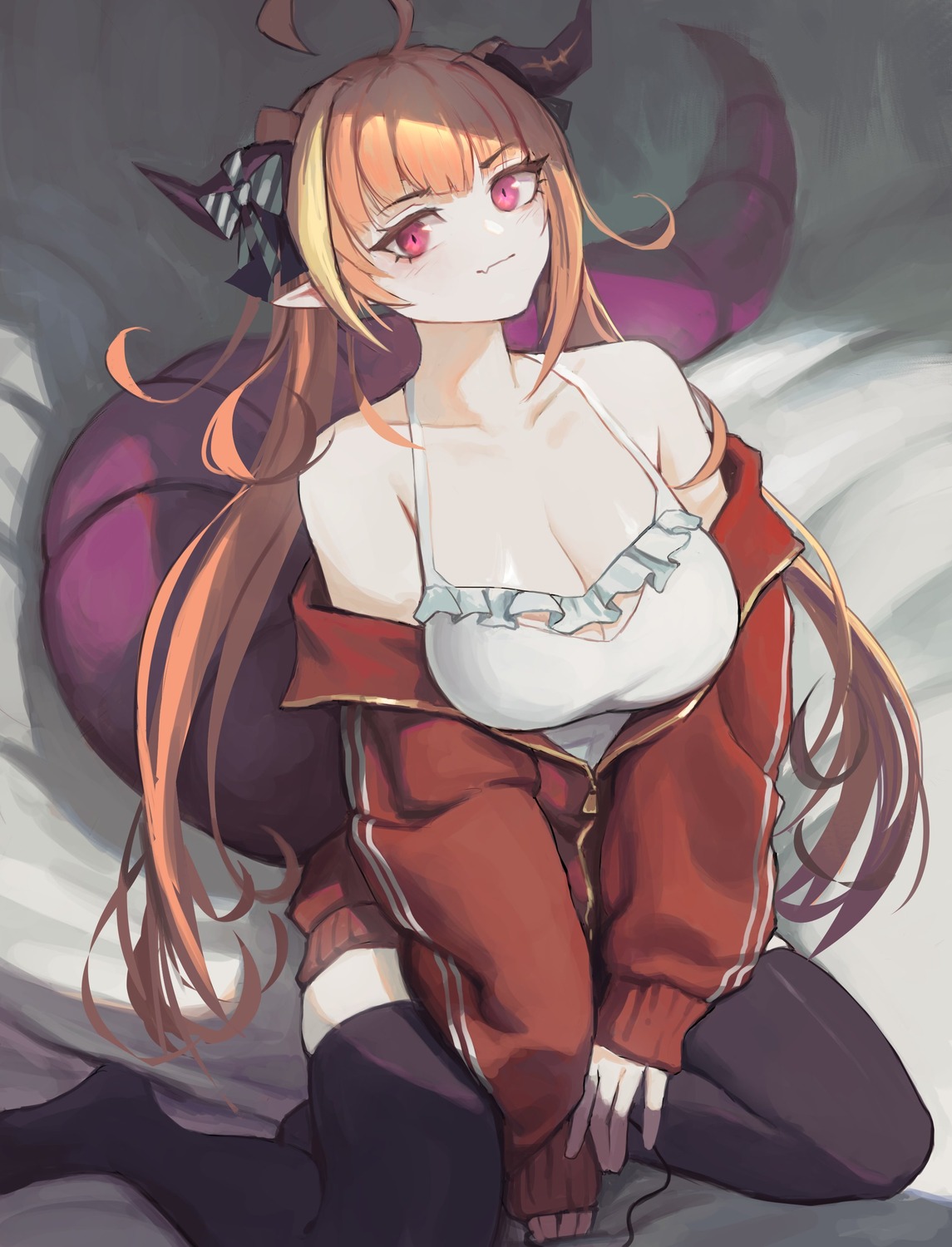 cleavage hololive horns kiryuu_coco no_bra pointy_ears tail thighhighs vertigris