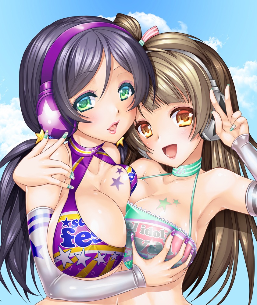 alto_seneka bikini breast_grab cleavage headphones love_live! love_live!_(series) minami_kotori swimsuits tattoo toujou_nozomi