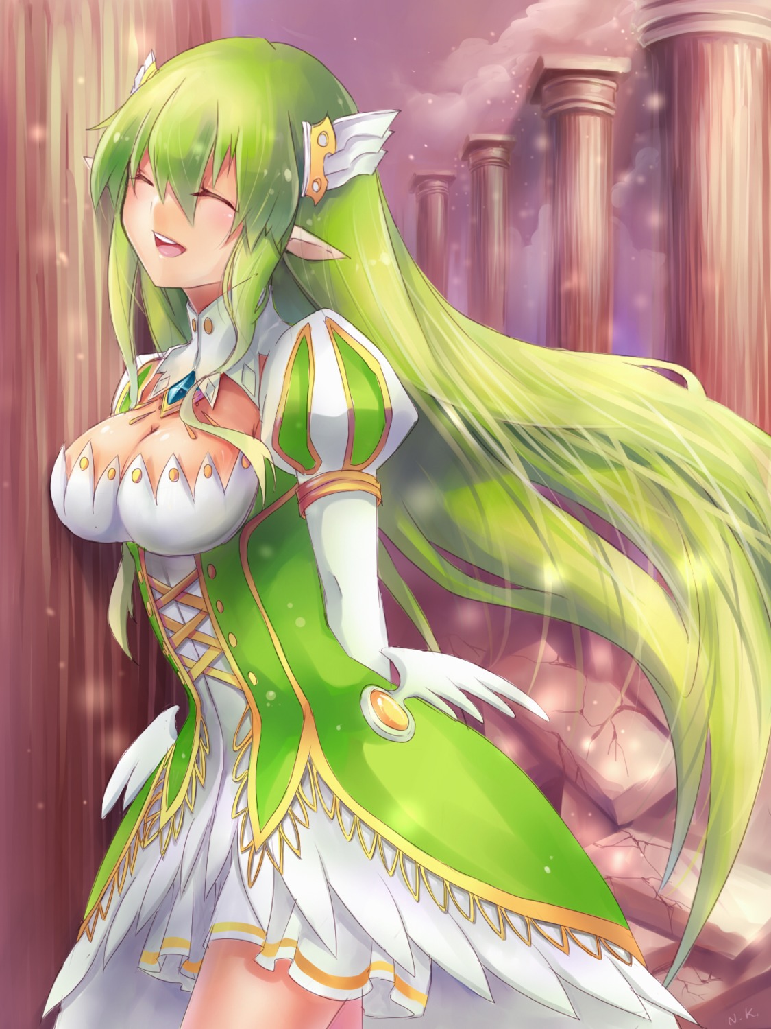 cleavage dress elf elsword pointy_ears rena_(elsword) windread12