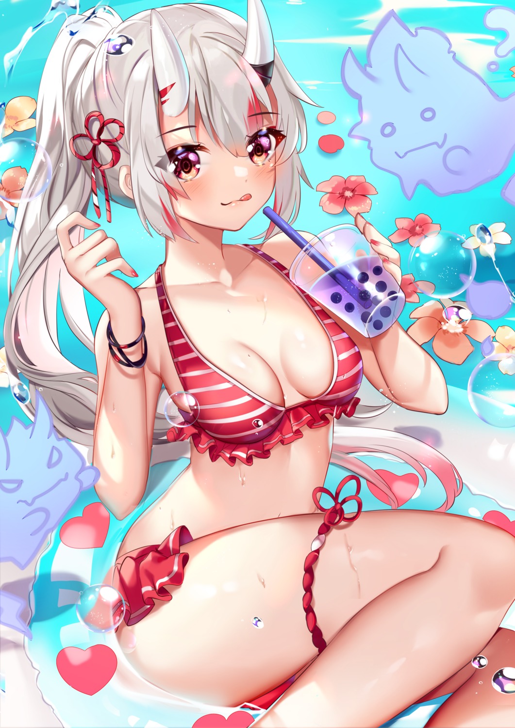 bikini garter hololive horns nakiri_ayame skirt_lift squchan swimsuits wet