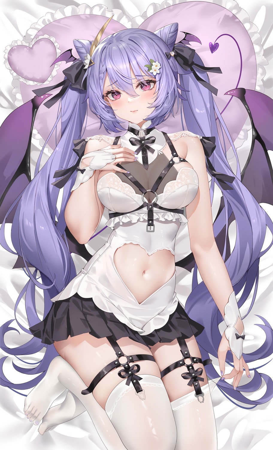 devil garter genshin_impact keqing melailai no_bra see_through stockings tail thighhighs wings