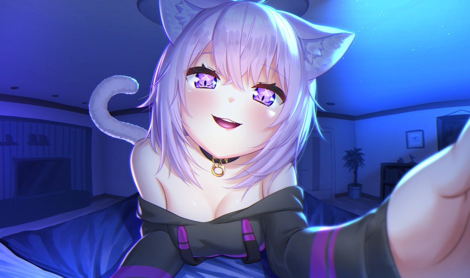 animal_ears hololive hololive_gamers nekomata_okayu nekomimi no_bra open_shirt tagme tail