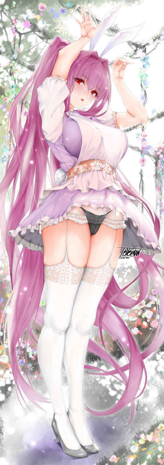 animal_ears bunny_ears dress fate/grand_order heels pantsu scathach_(fate/grand_order) see_through skirt_lift stockings tail thighhighs toyoman