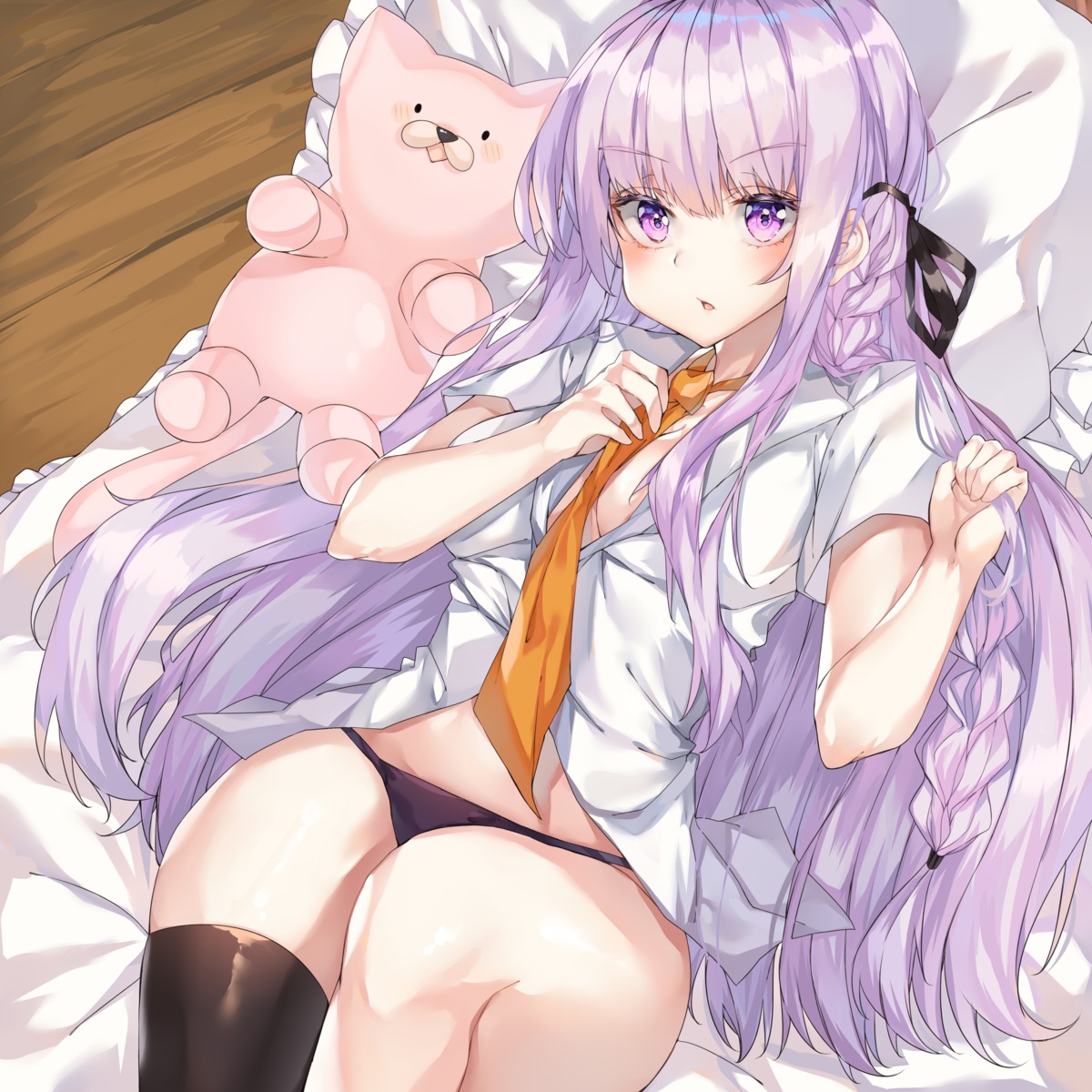 breast_hold cleavage dangan-ronpa kanniiepan kirigiri_kyouko no_bra open_shirt pantsu seifuku thighhighs