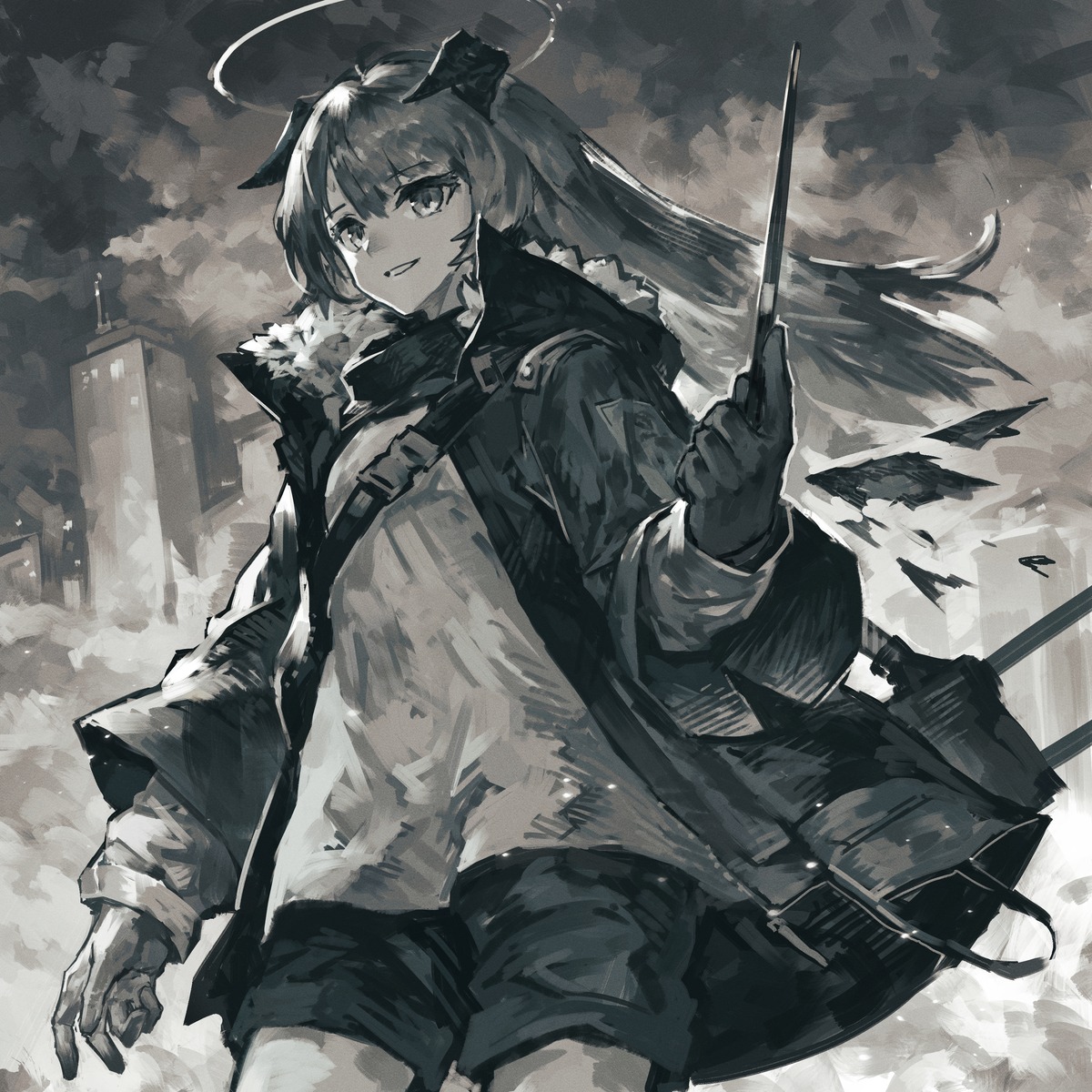 arknights halo horns monochrome mostima_(arknights) wings yanyan_(shinken_gomi)