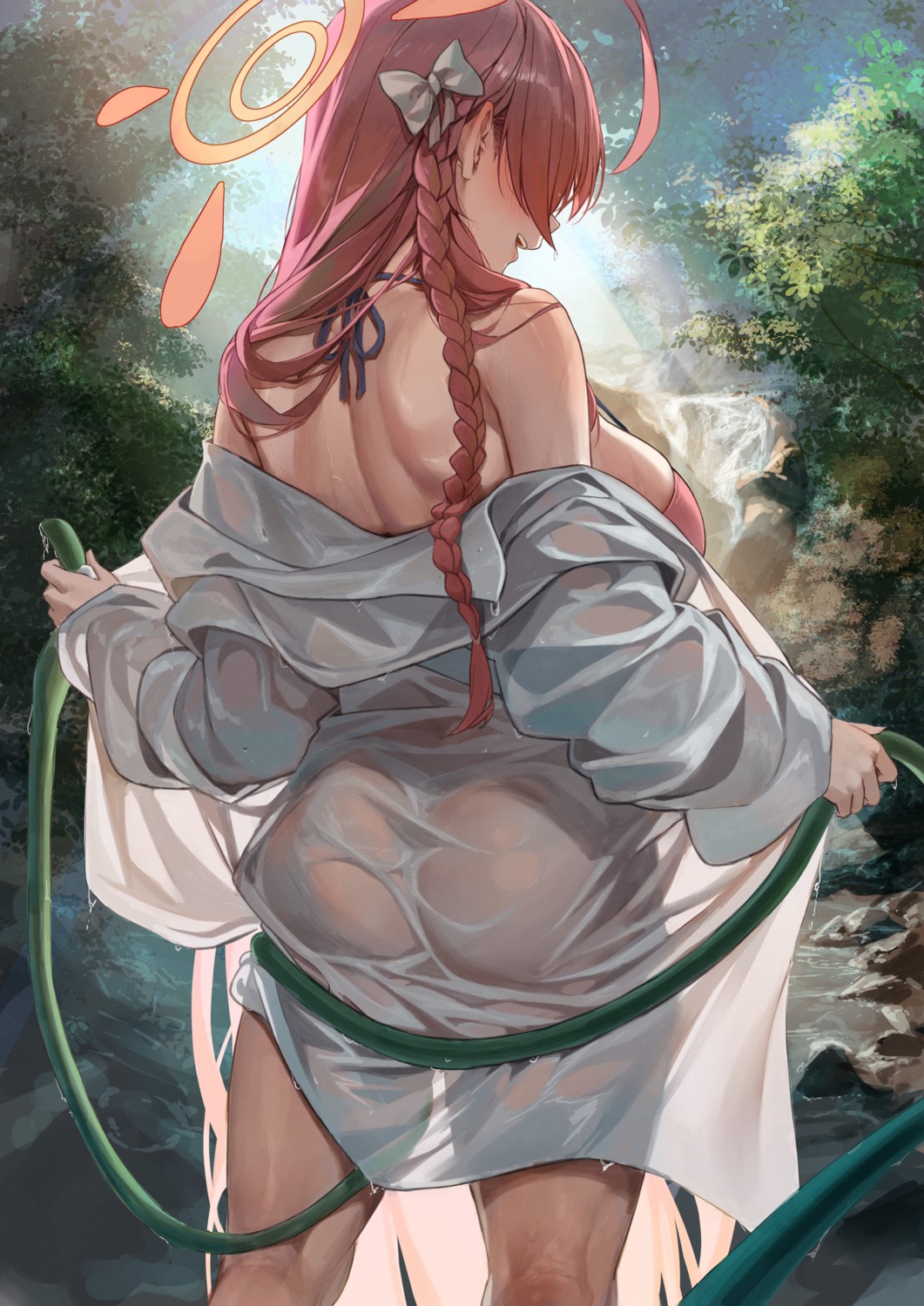 ass blue_archive bottomless halo marse_(rokudaime) open_shirt see_through urawa_hanako wet wet_clothes