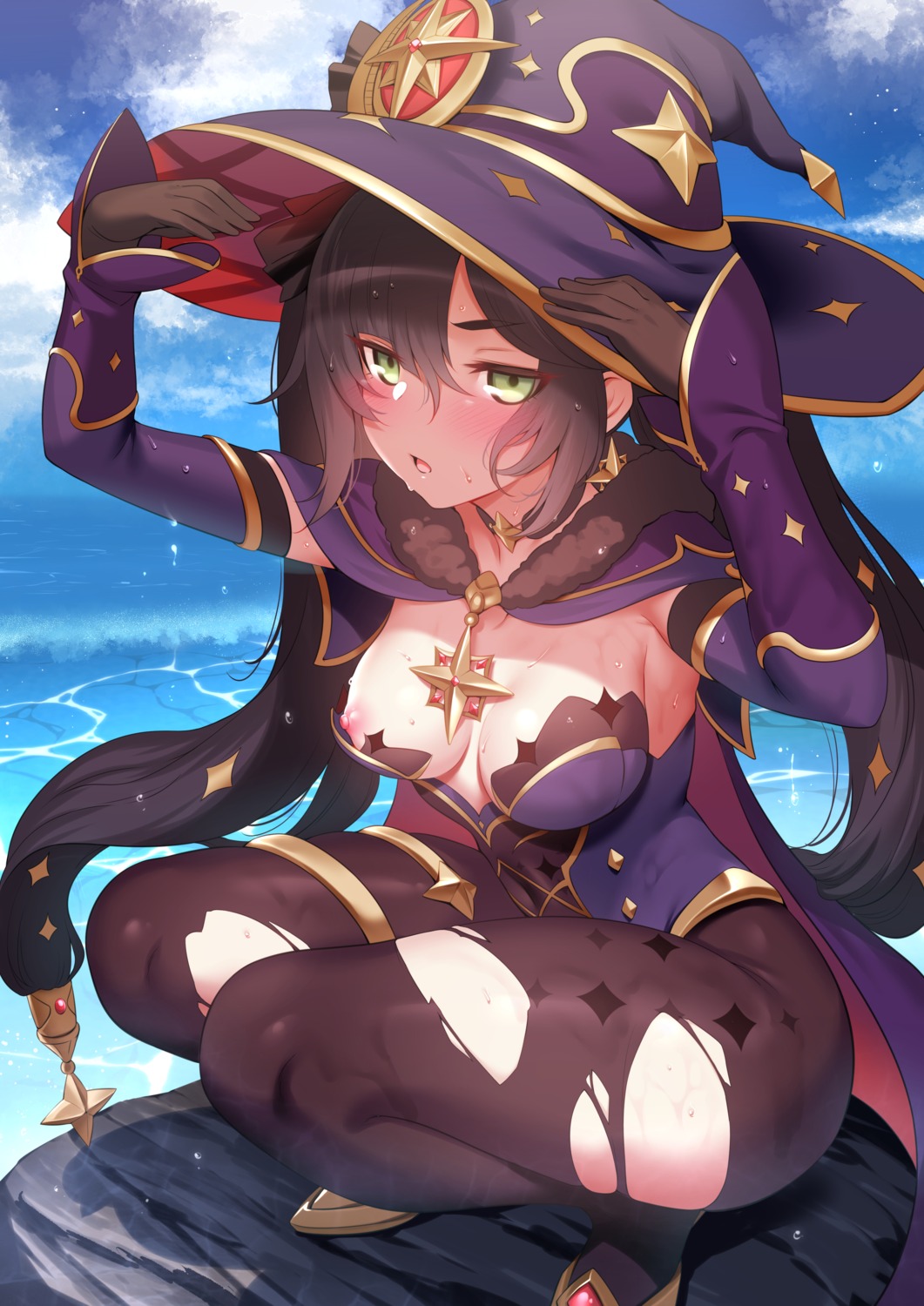 garter genshin_impact leotard mona_megistus nipples no_bra pantyhose rogia torn_clothes wet witch