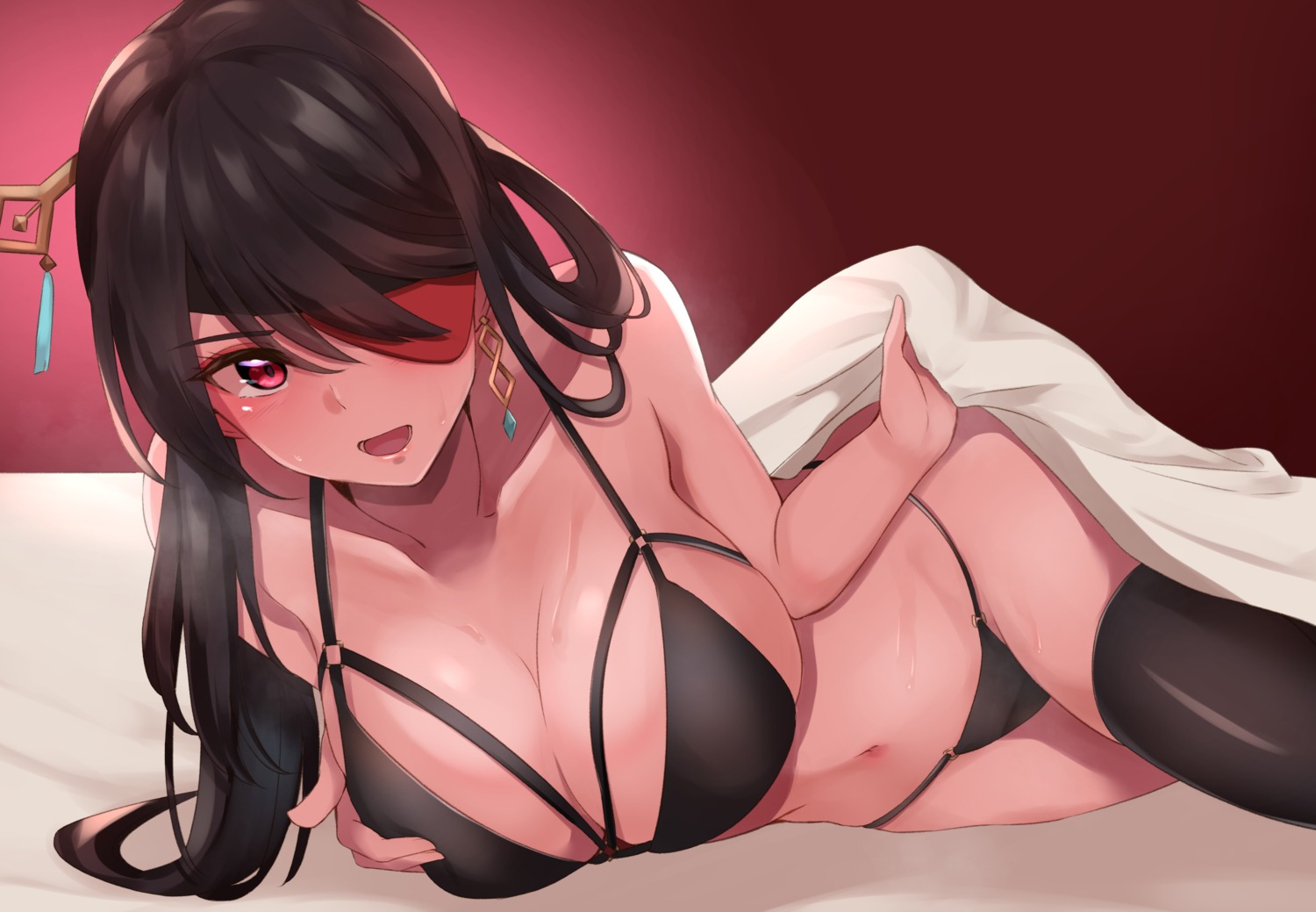 beidou bra eyepatch genshin_impact haneramu pantsu sheets thighhighs