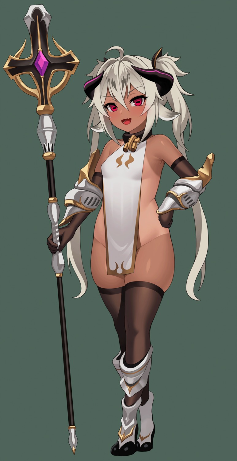areola armor erect_nipples grimgrim horns no_bra nopan tan_lines thighhighs weapon