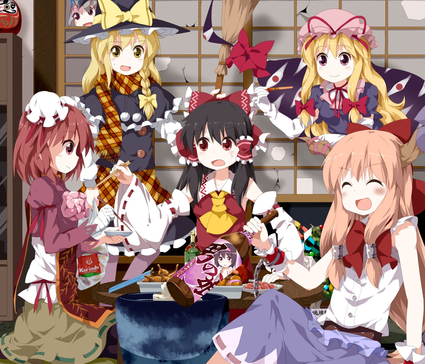 bandages dress hakurei_reimu horns ibaraki_kasen ibuki_suika kirisame_marisa saigyouji_yuyuko touhou tsurukou yakumo_yukari