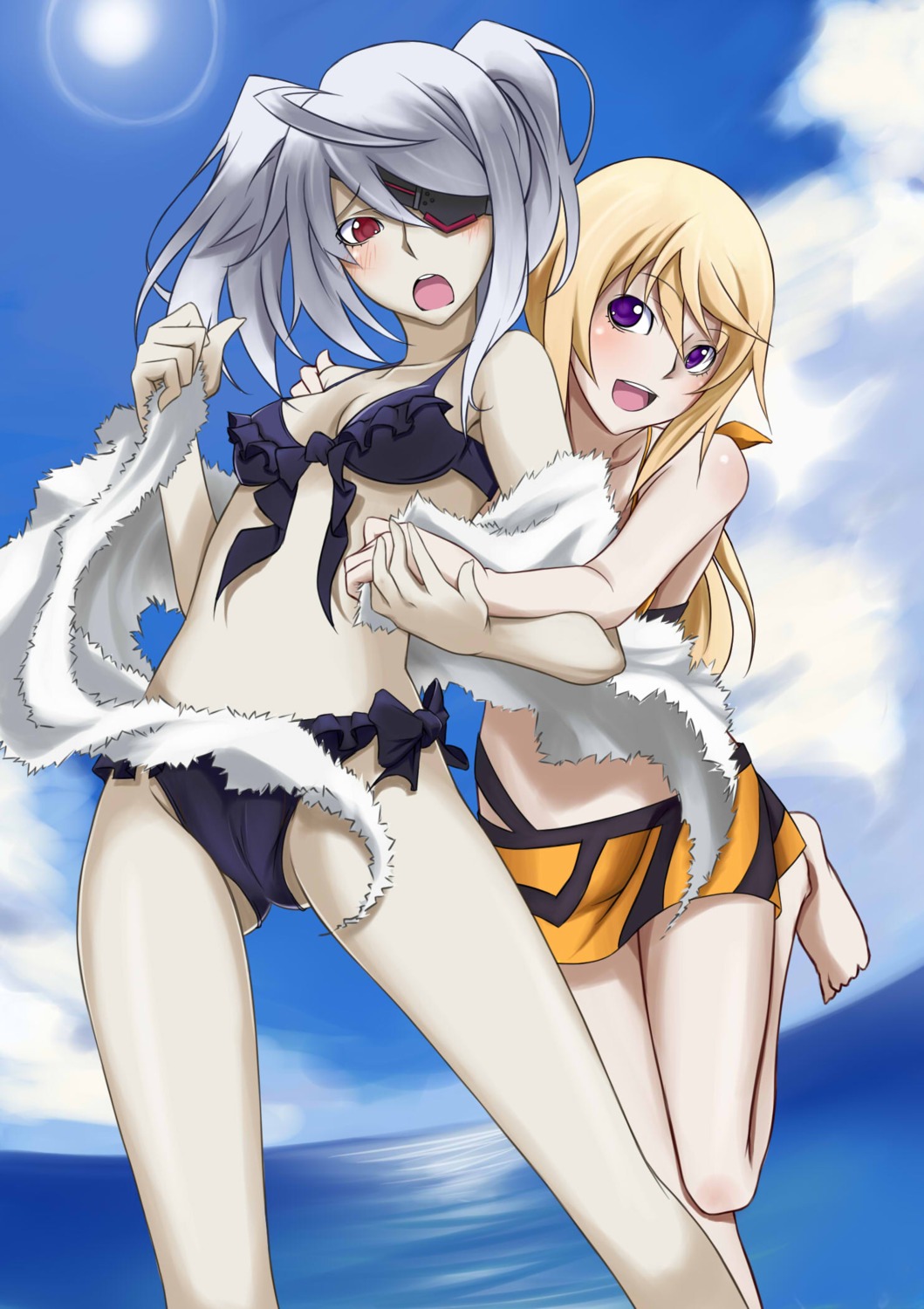 bikini cameltoe charlotte_dunois eyepatch infinite_stratos jpeg_artifacts laura_bodewig swimsuits touryou