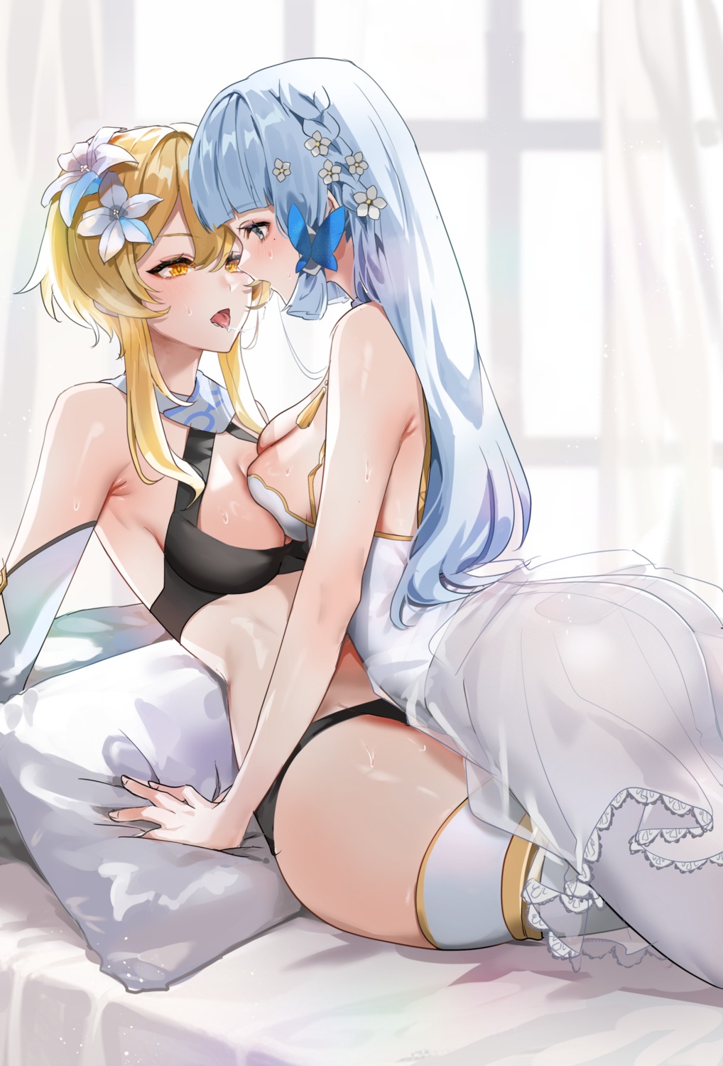 anzu0130 bra genshin_impact kamisato_ayaka lumine pantsu pantyhose see_through symmetrical_docking thighhighs yuri