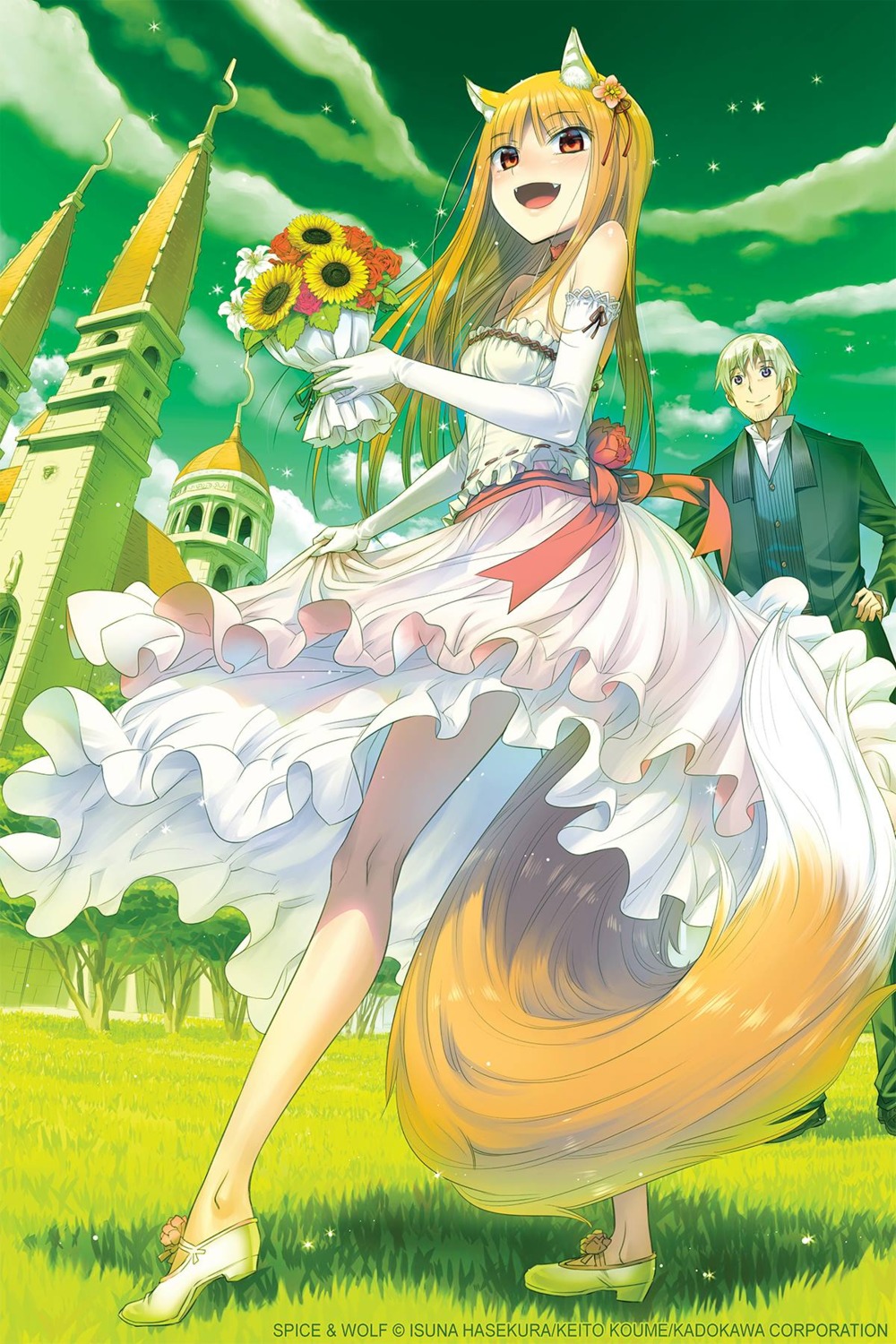 animal_ears craft_lawrence dress heels holo koume_keito skirt_lift spice_and_wolf tail wedding_dress