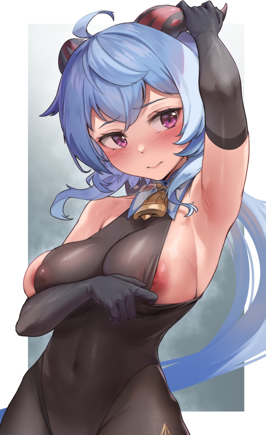 areola erect_nipples ganyu genshin_impact horns leotard nipple_slip no_bra padoruu pantyhose see_through undressing