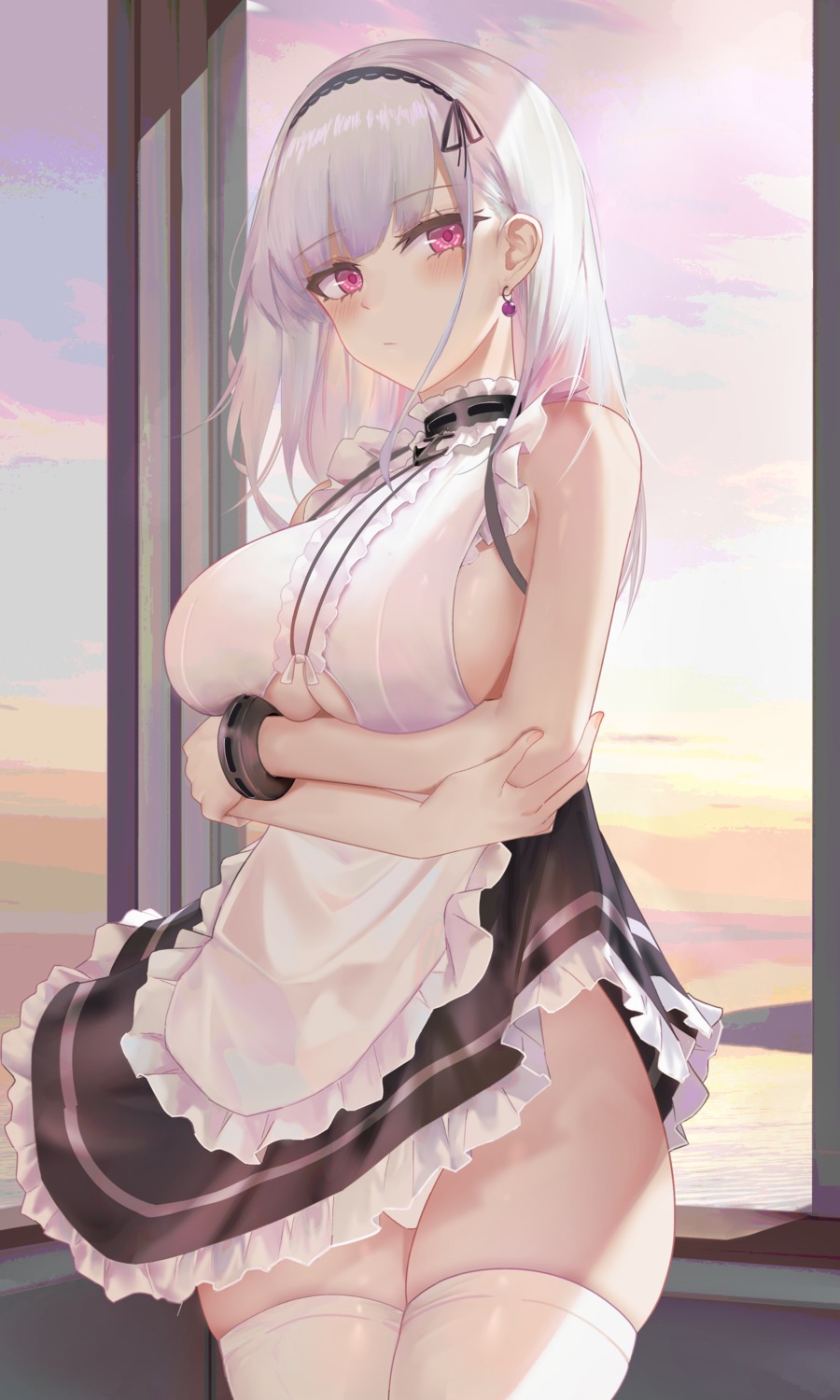 azur_lane breast_hold dido_(azur_lane) maid no_bra ru_zhai skirt_lift thighhighs