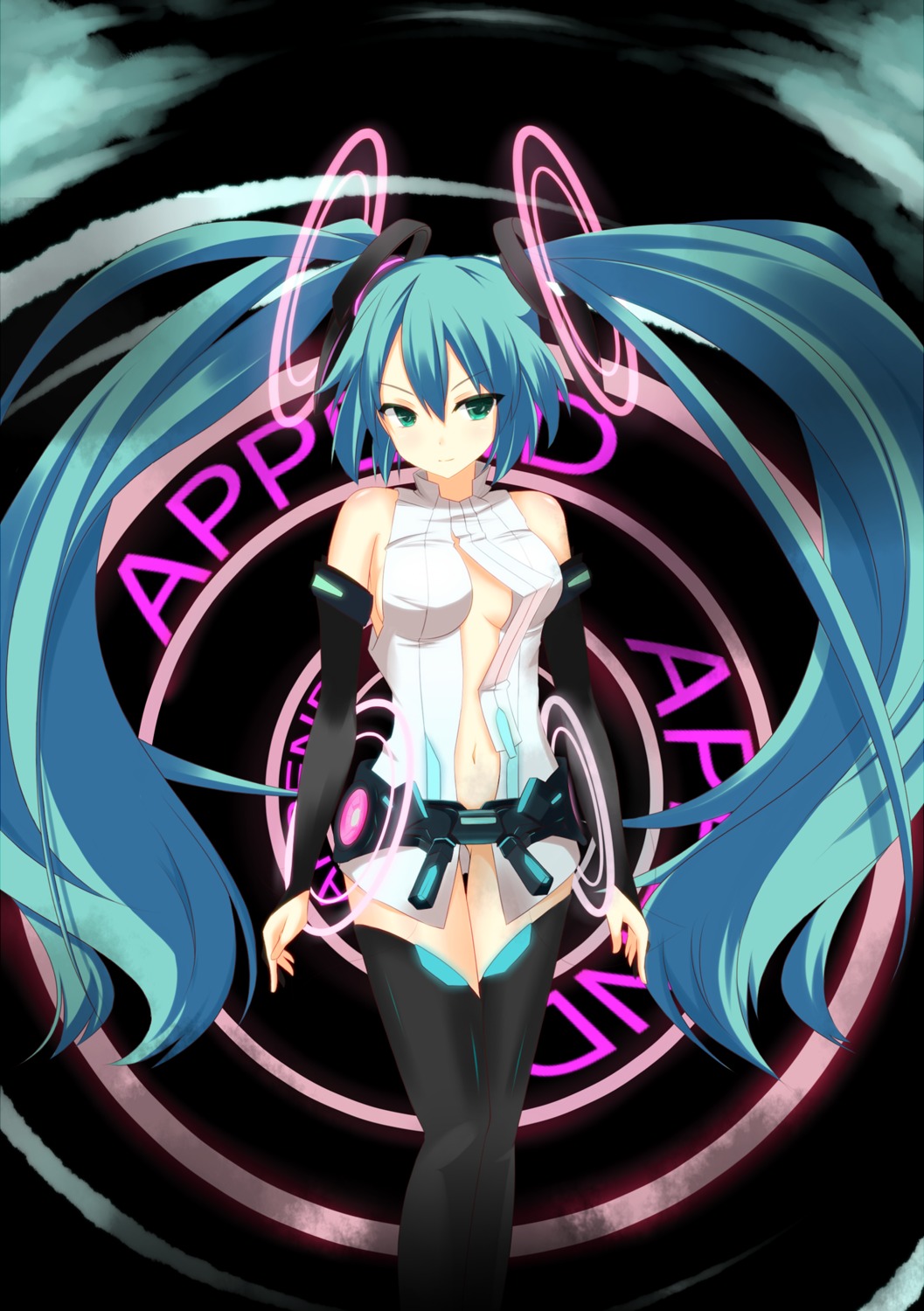 hatsune_miku miku_append mimura_zaja no_bra open_shirt thighhighs vocaloid