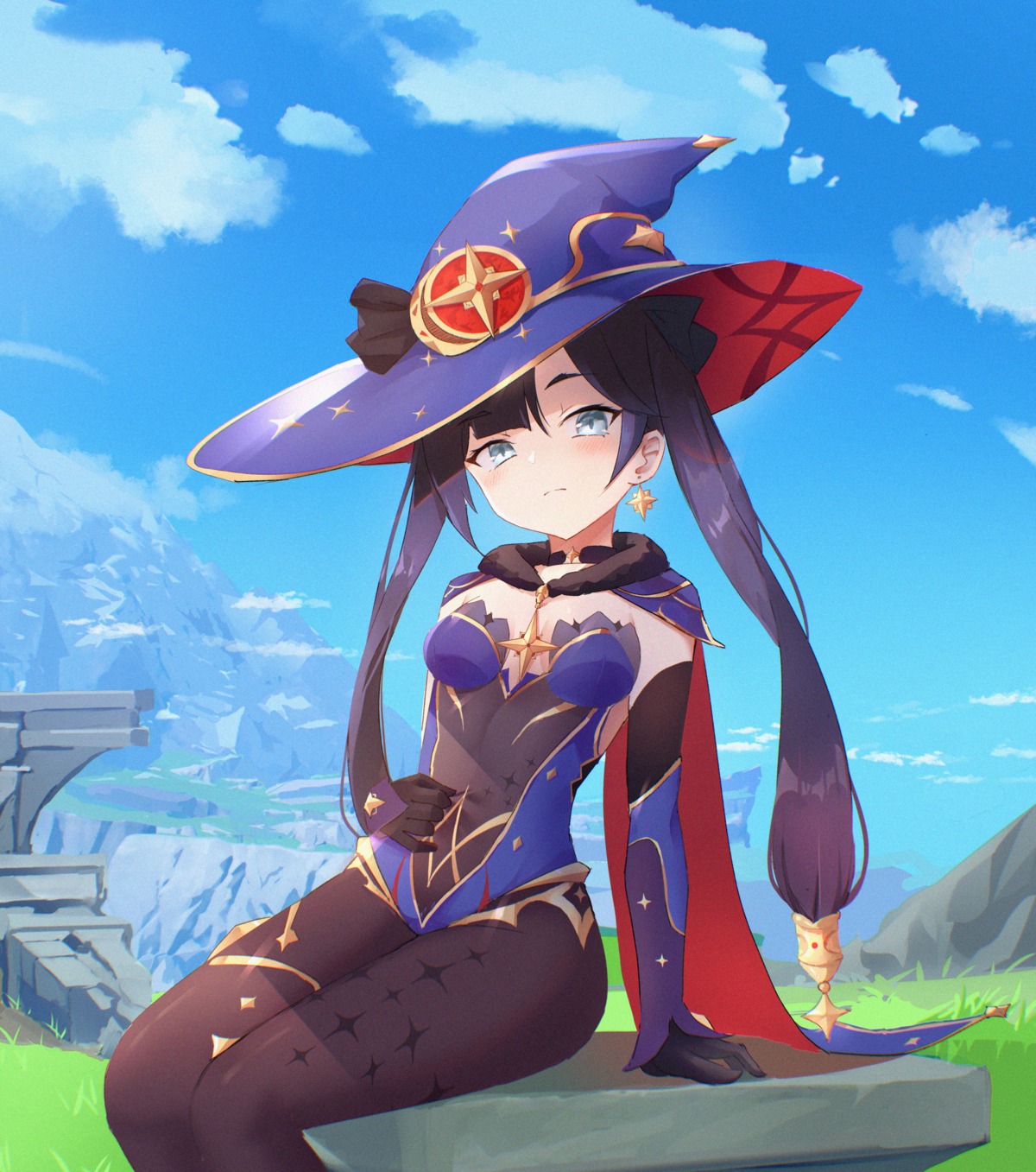 danraz0r garter genshin_impact leotard mona_megistus no_bra pantyhose witch