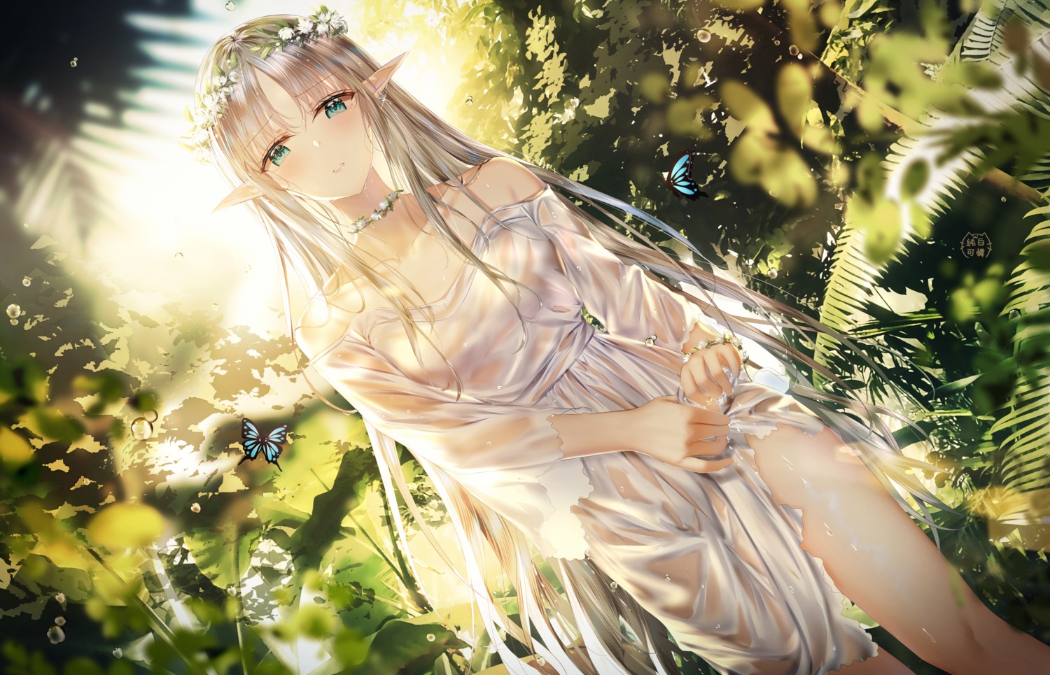 dress elf junpaku_karen pointy_ears see_through skirt_lift torn_clothes wet wet_clothes