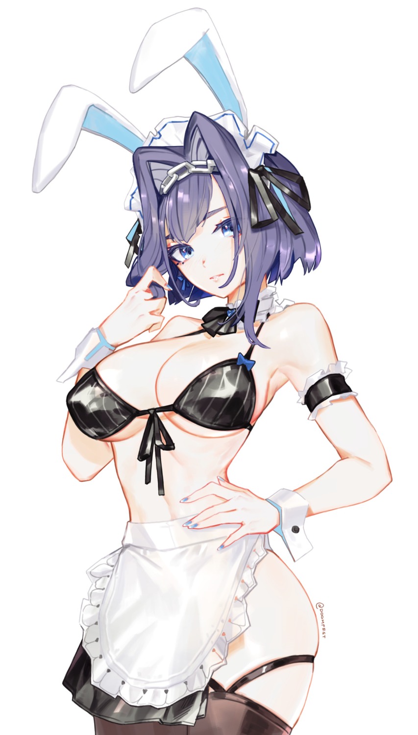 animal_ears bra bunny_ears erect_nipples hololive hololive_english maid ouro_kronii softmode thighhighs