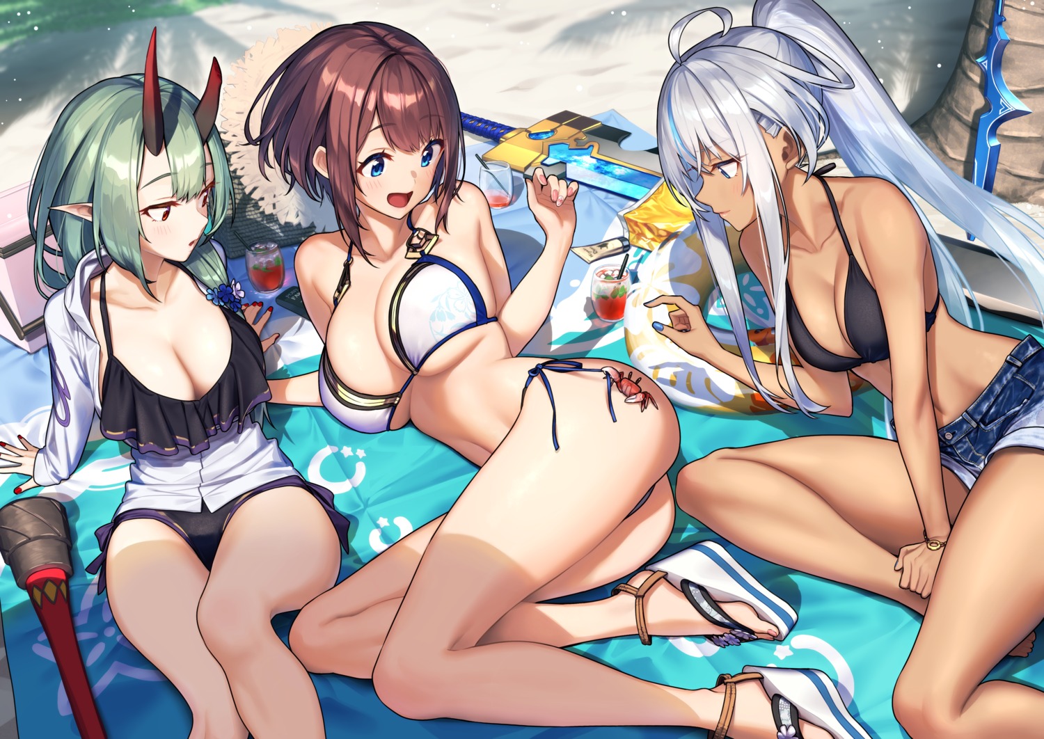 akari_(baffu) baffu bikini bikini_top cleavage hitoyo_(baffu) horns pointy_ears swimsuits thong underboob yuna_(baffu)