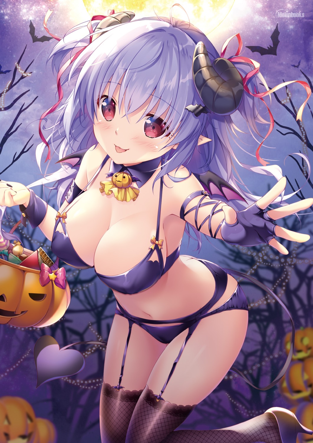 bikini erect_nipples fishnets garter_belt halloween heels horns mikeou pointy_ears stockings swimsuits tail thighhighs wings