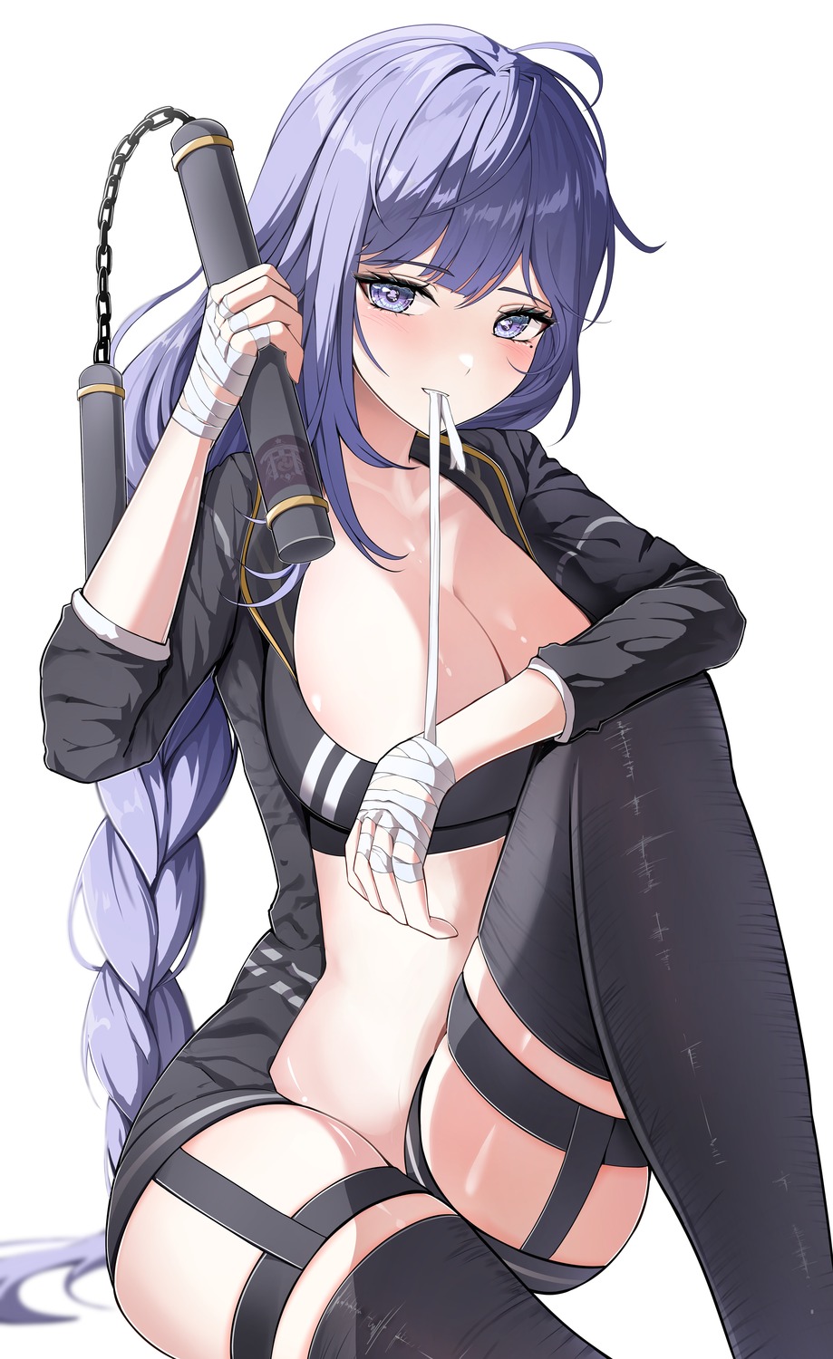 bandages garter genshin_impact no_bra raiden_shogun thighhighs weapon yeni