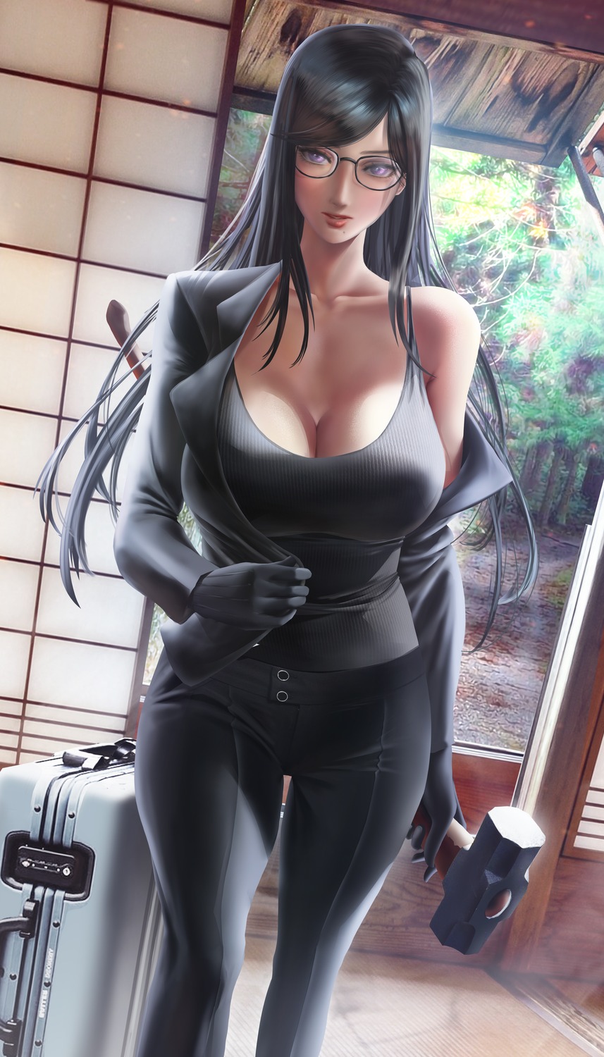 business_suit cleavage megane minakata_hizuru summertime_render undressing weapon yoellim5