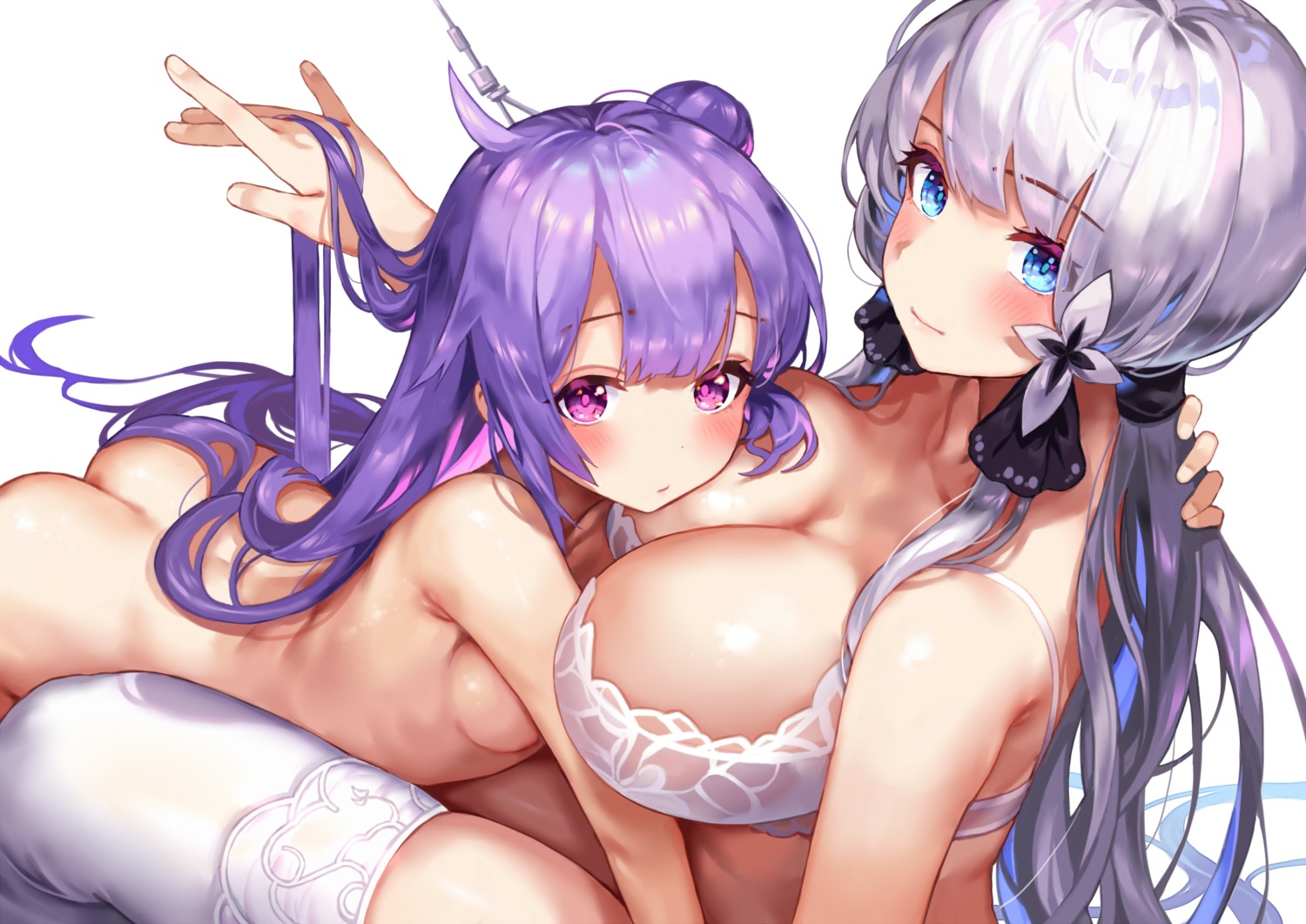 ass azur_lane bra cleavage denchu_(kazudentyu) illustrious_(azur_lane) naked thighhighs unicorn_(azur_lane) yuri