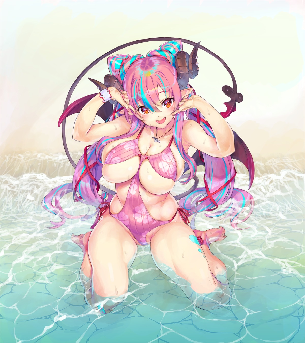 devil horns indie_virtual_youtuber nakajima_pepero ore_p_1gou pointy_ears swimsuits tail wet wings
